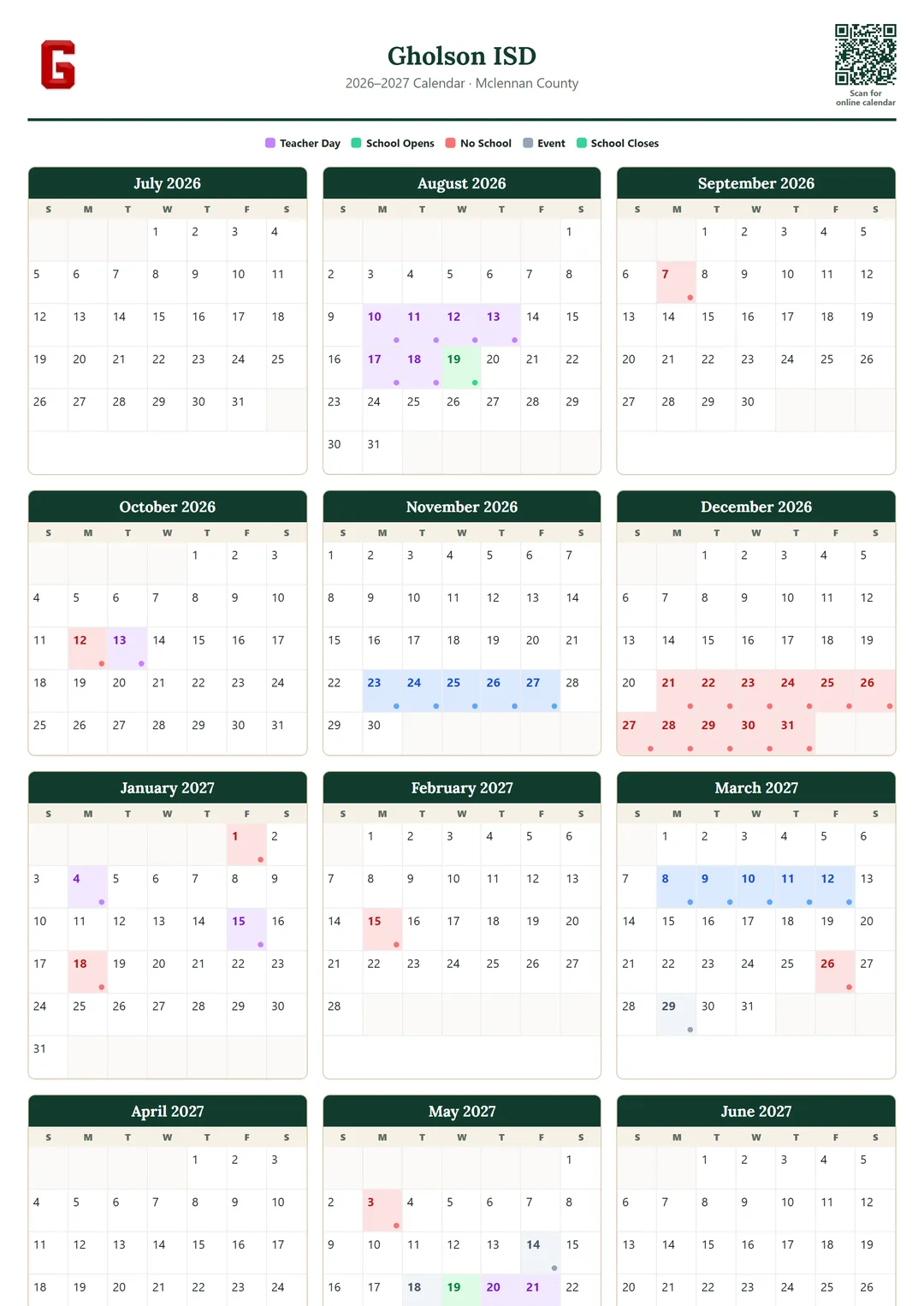Gholson ISD printable 2026–2027 calendar