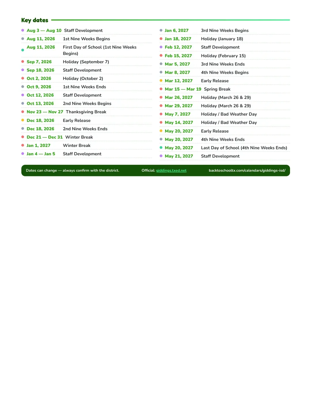 Giddings ISD Calendar for the Year 26-27 — key dates
