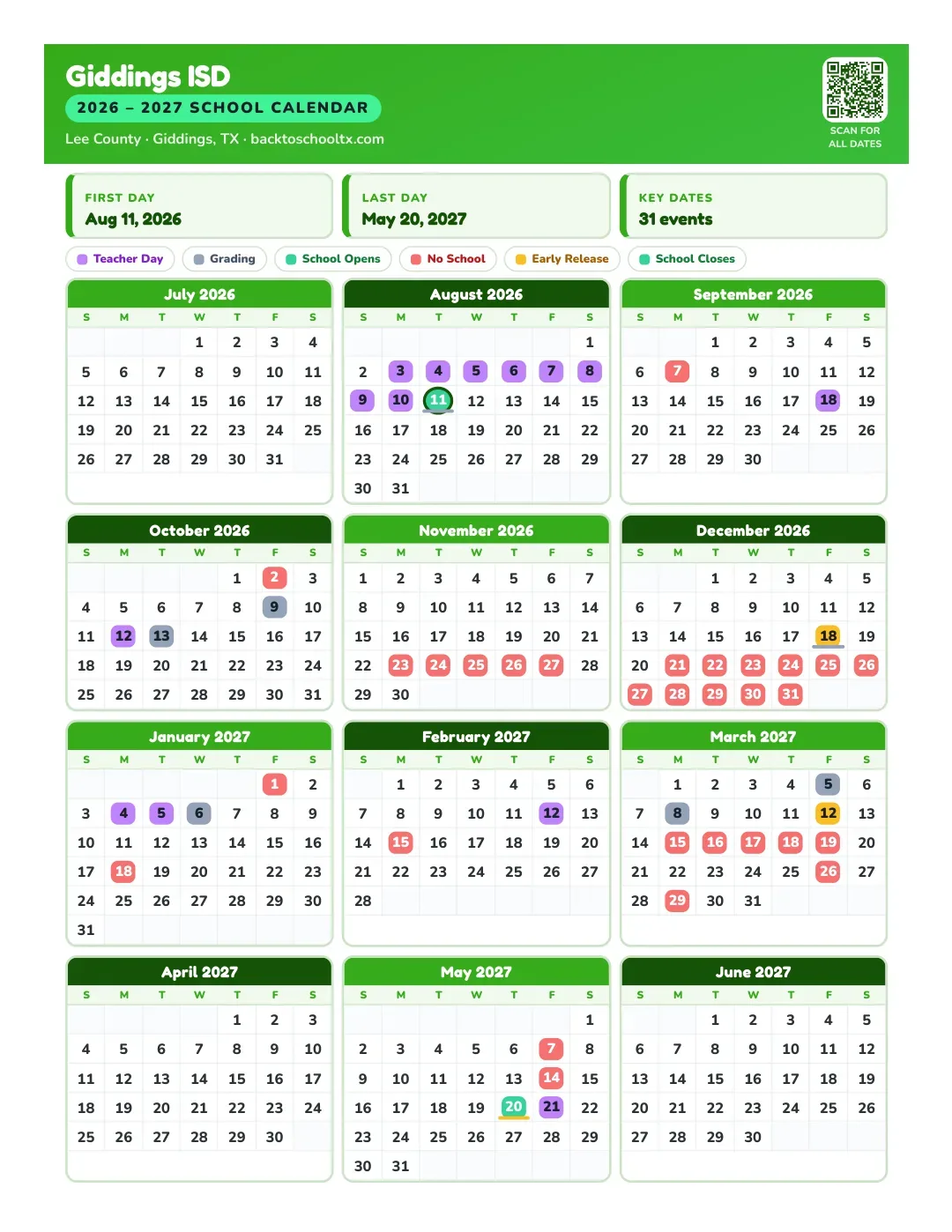 Giddings ISD Calendar for the Year 26-27