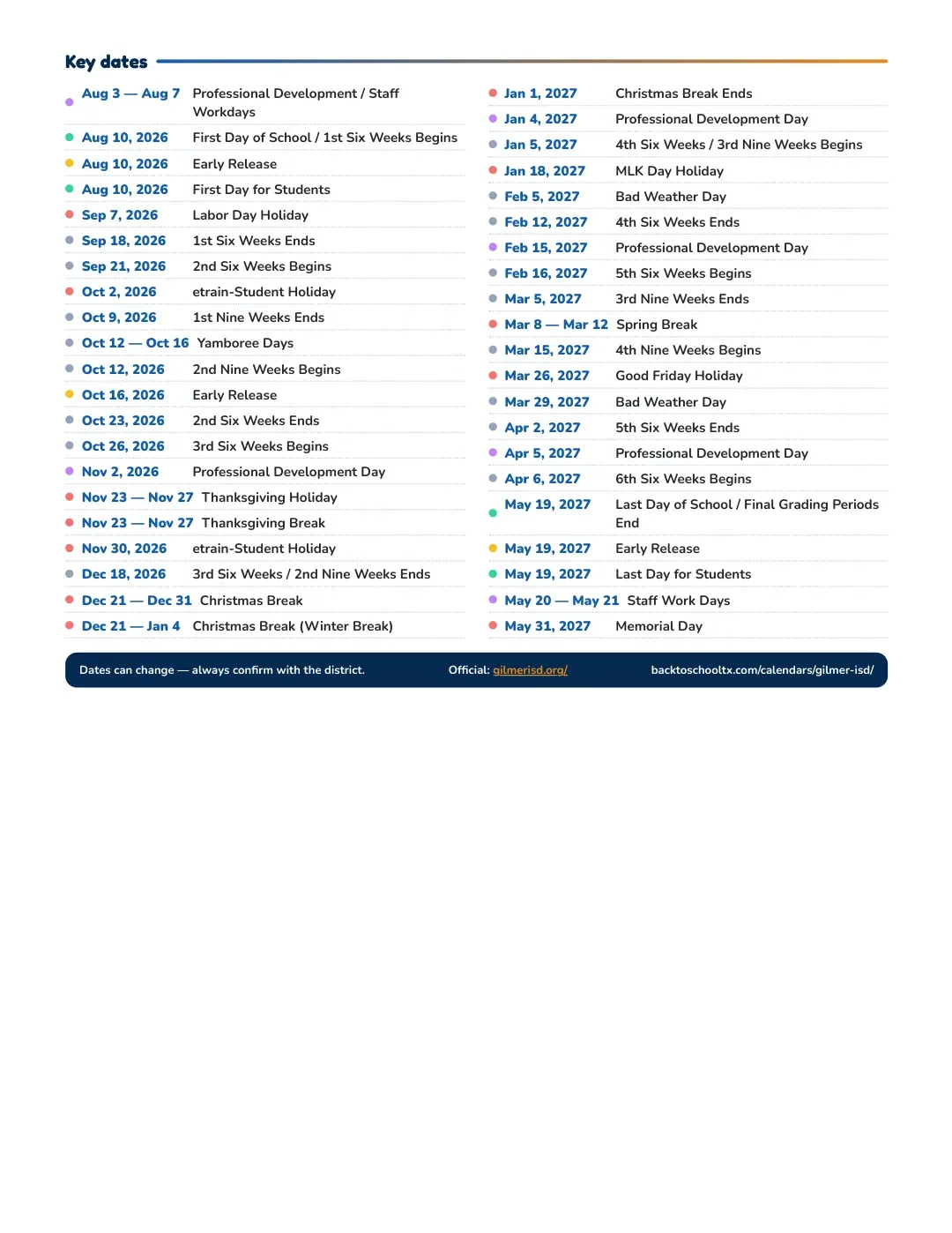 Gilmer ISD Calendar for the Year 26-27 — key dates
