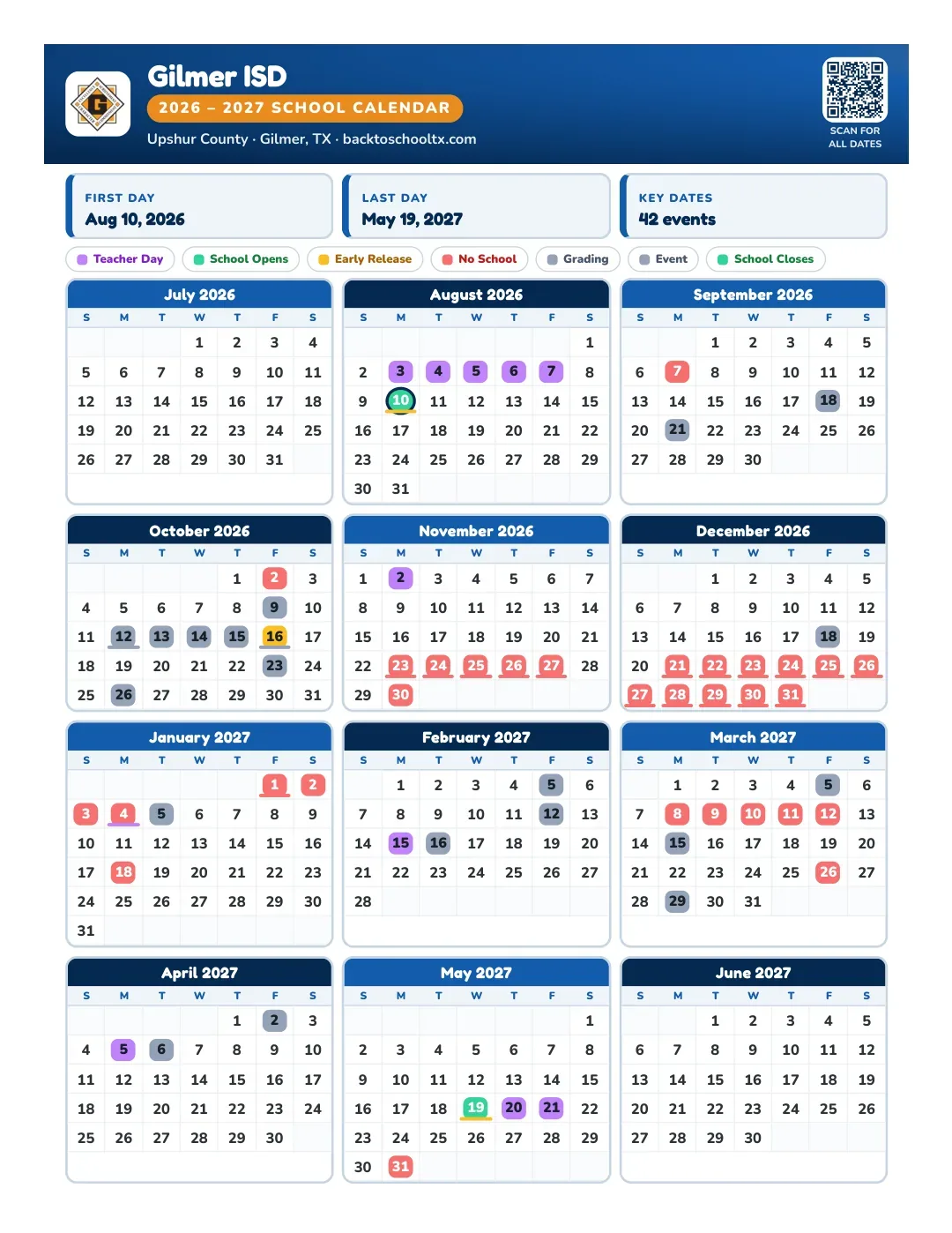 Gilmer ISD Calendar for the Year 26-27