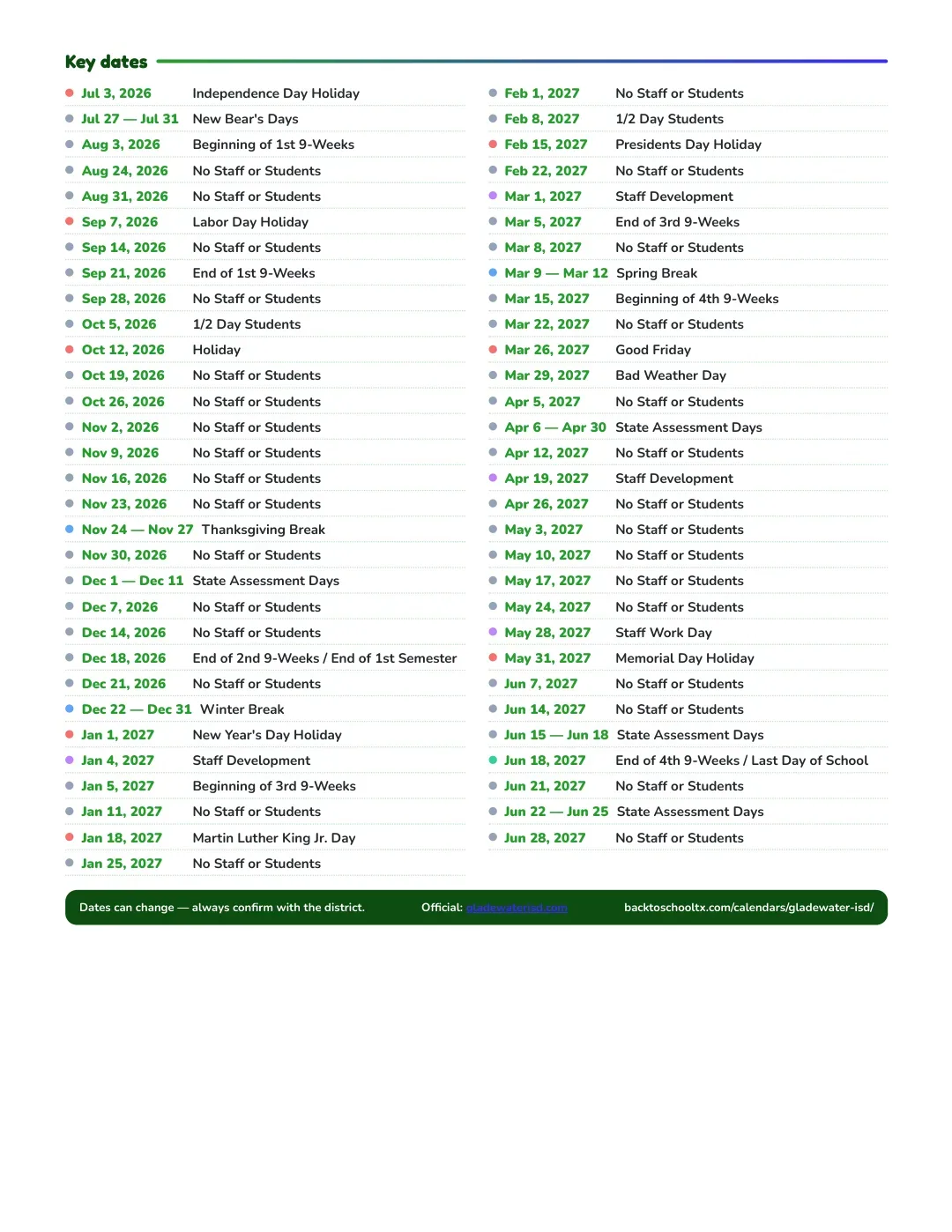 Gladewater ISD Calendar for the Year 26-27 — key dates