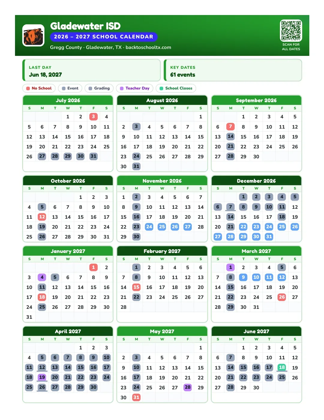 Gladewater ISD Calendar for the Year 26-27