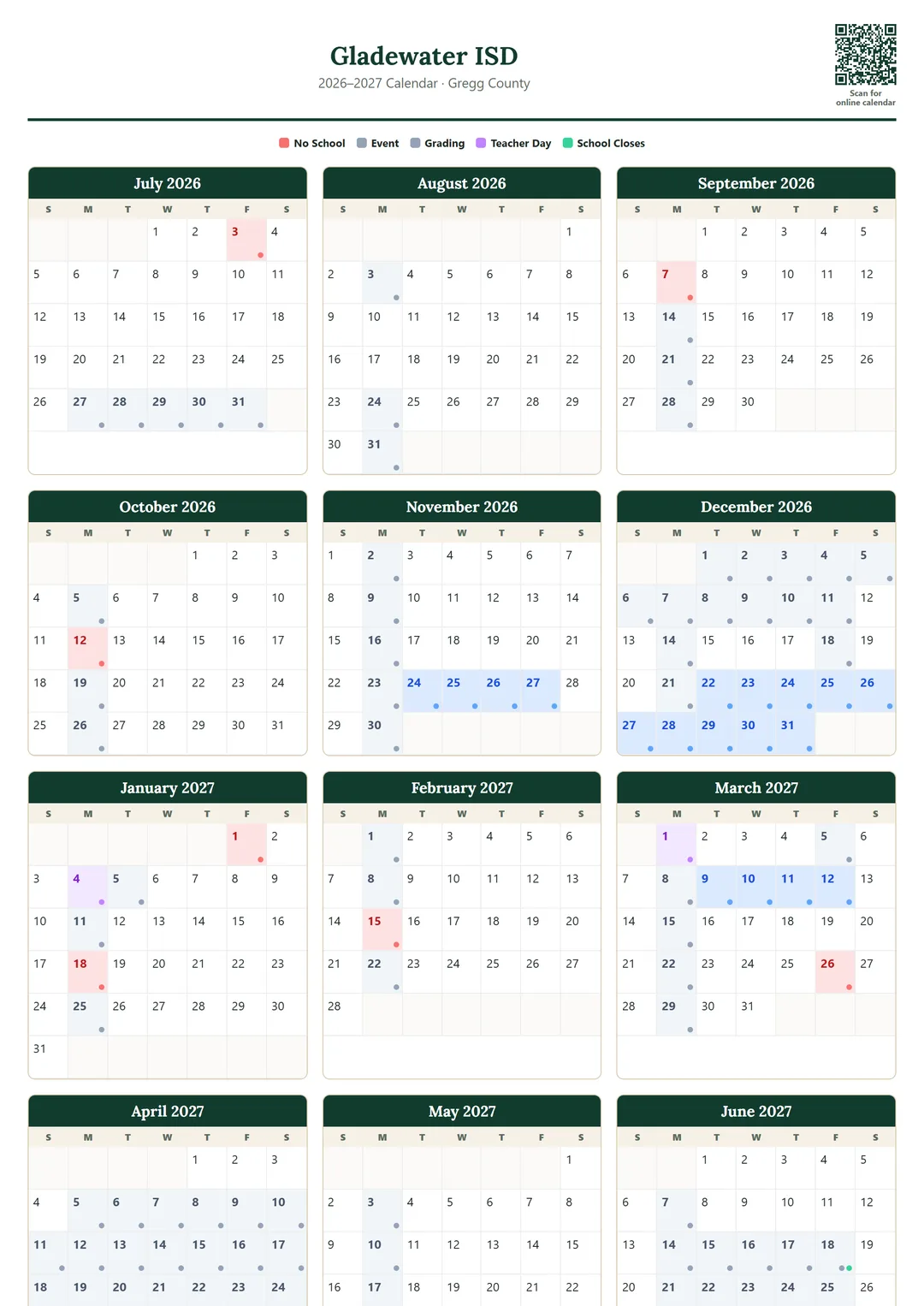 Gladewater ISD printable 2026–2027 calendar