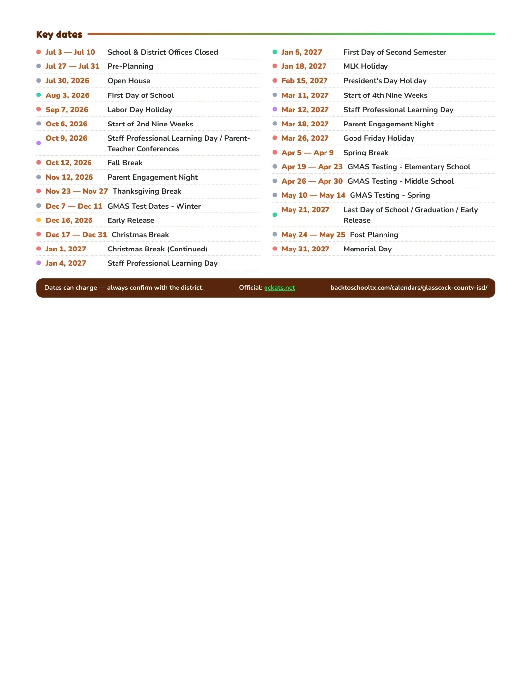 Glasscock County ISD Calendar for the Year 26-27 — key dates