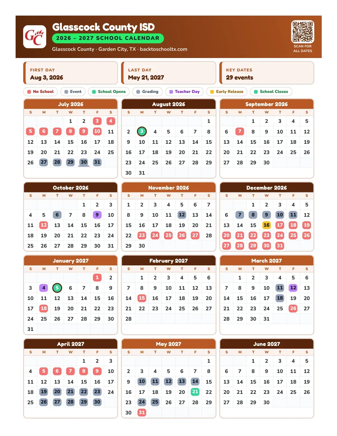 Glasscock County ISD Calendar for the Year 26-27