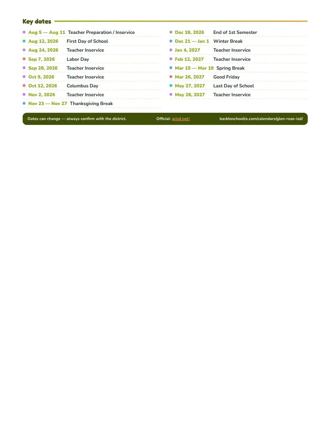 Glen Rose ISD Calendar for the Year 26-27 — key dates