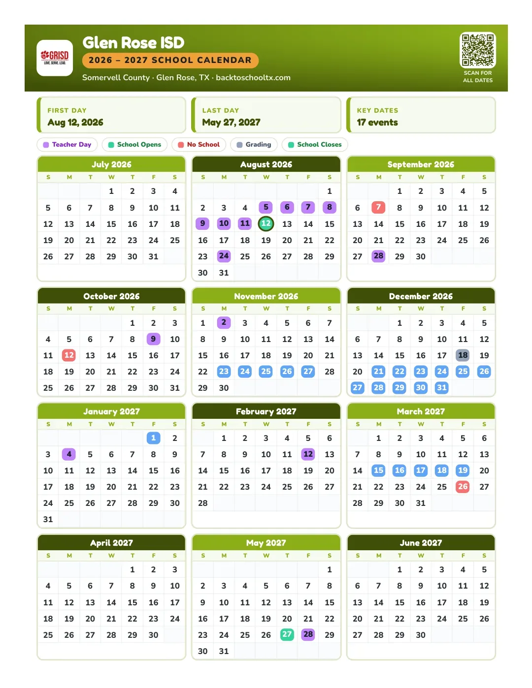Glen Rose ISD Calendar for the Year 26-27