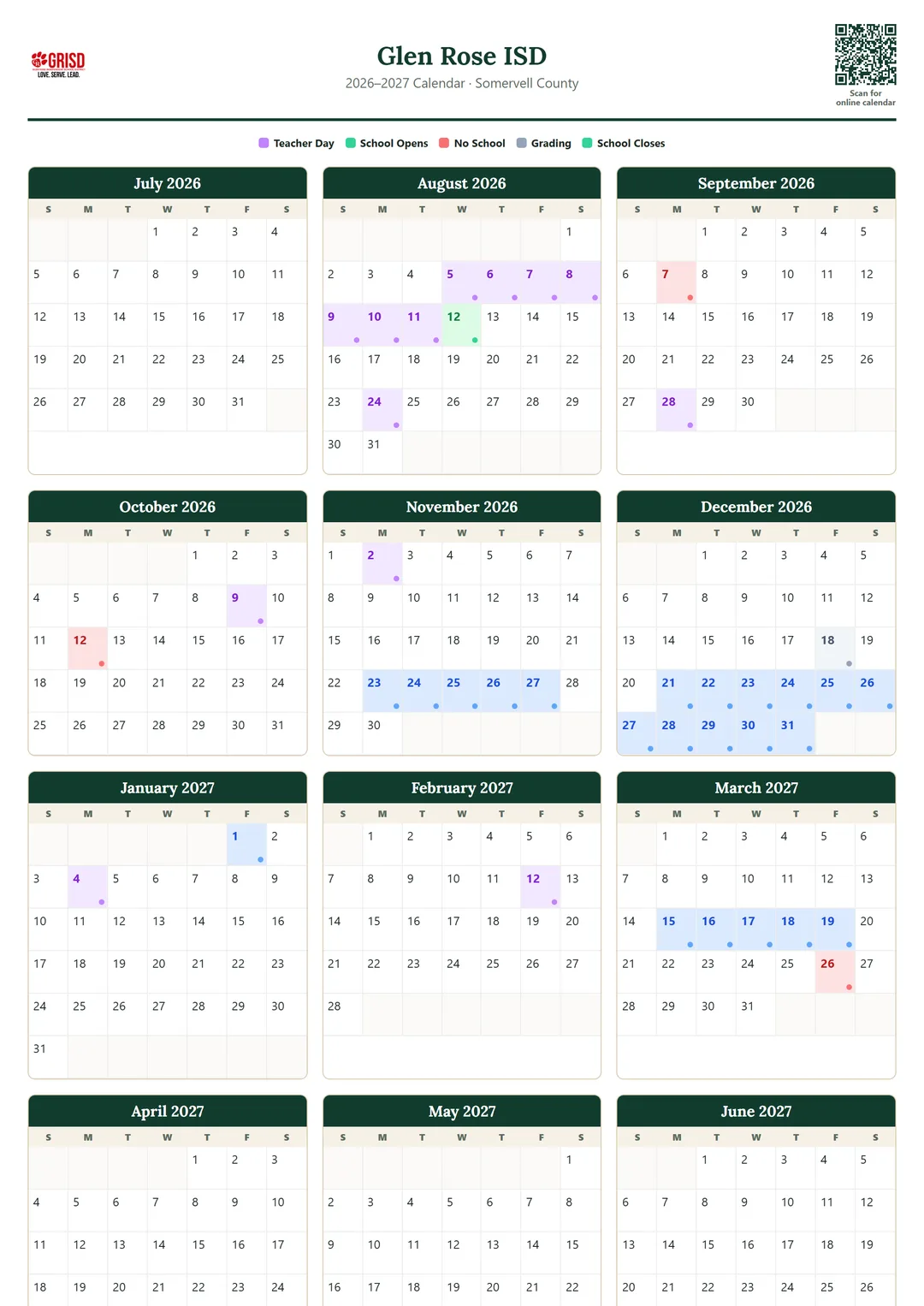 Glen Rose ISD printable 2026–2027 calendar