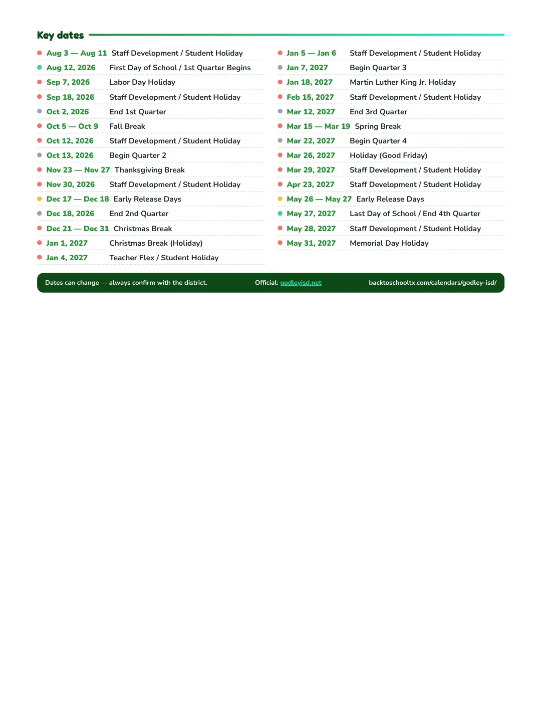 Godley ISD Calendar for the Year 26-27 — key dates