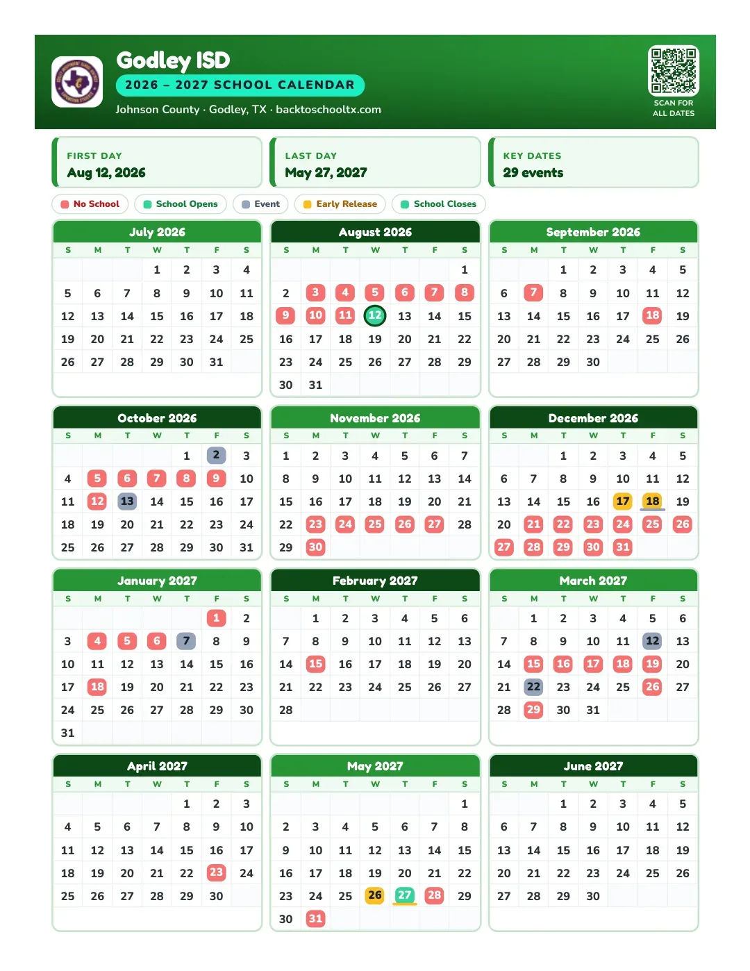 Godley ISD Calendar for the Year 26-27