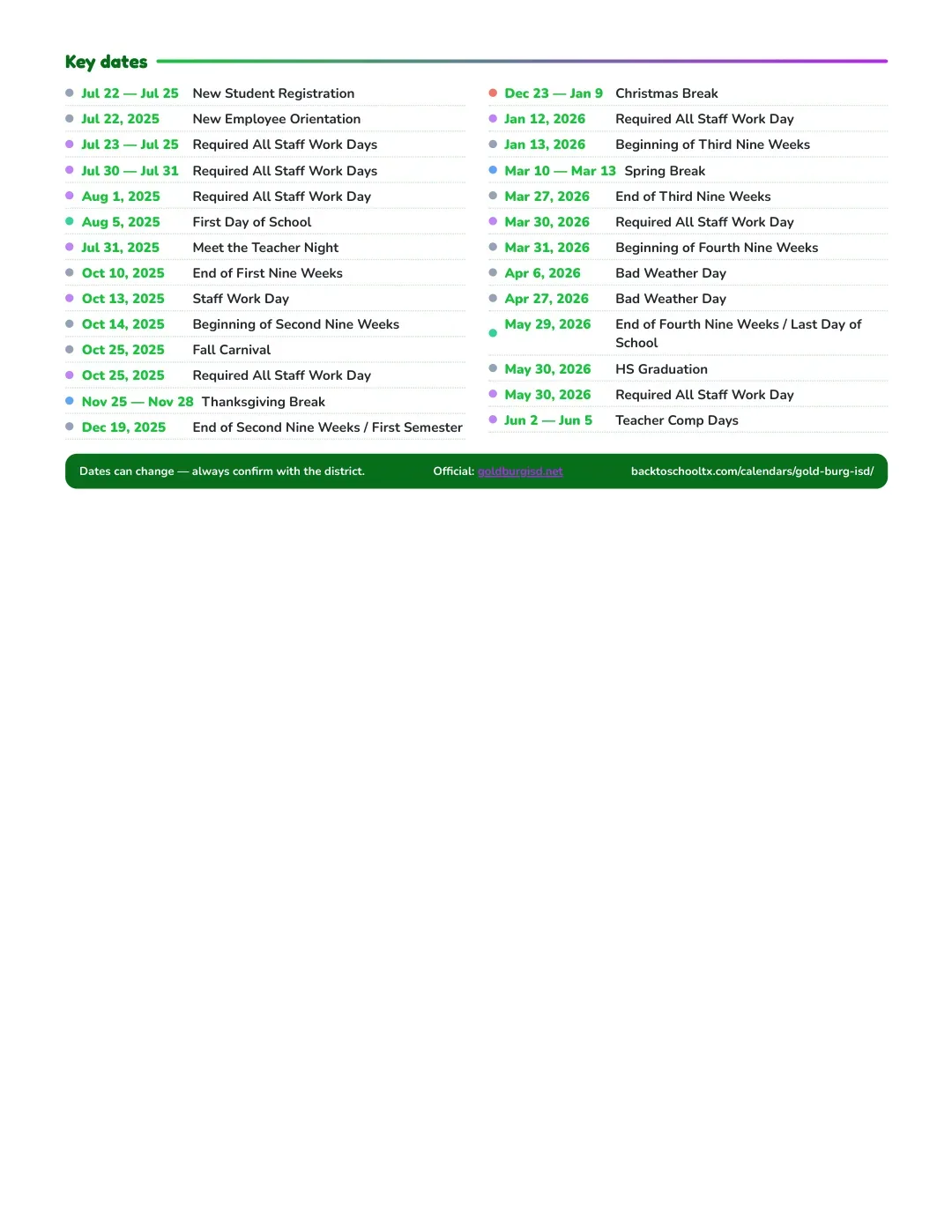 Gold Burg ISD Calendar for the Year 26-27 — key dates