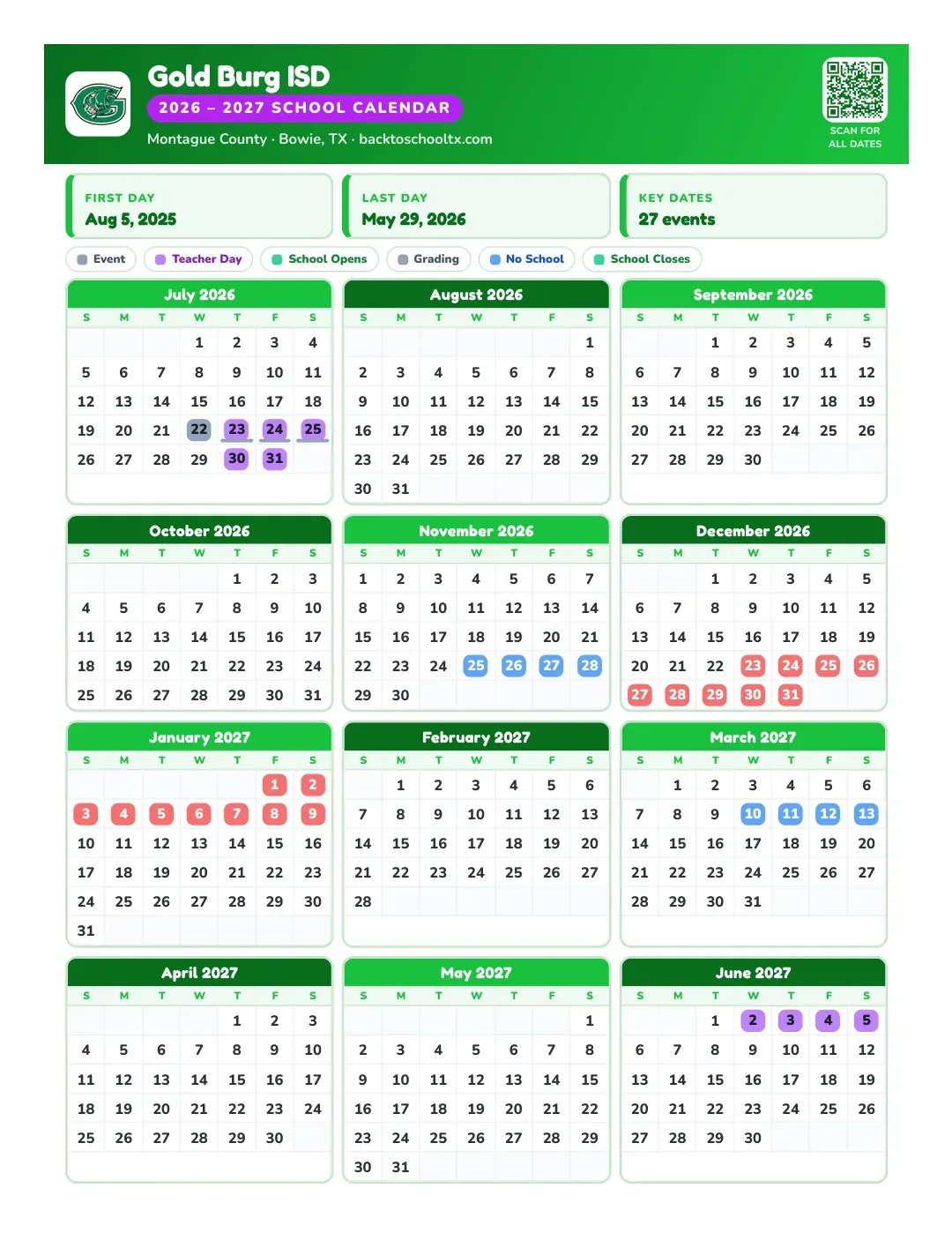 Gold Burg ISD Calendar for the Year 26-27