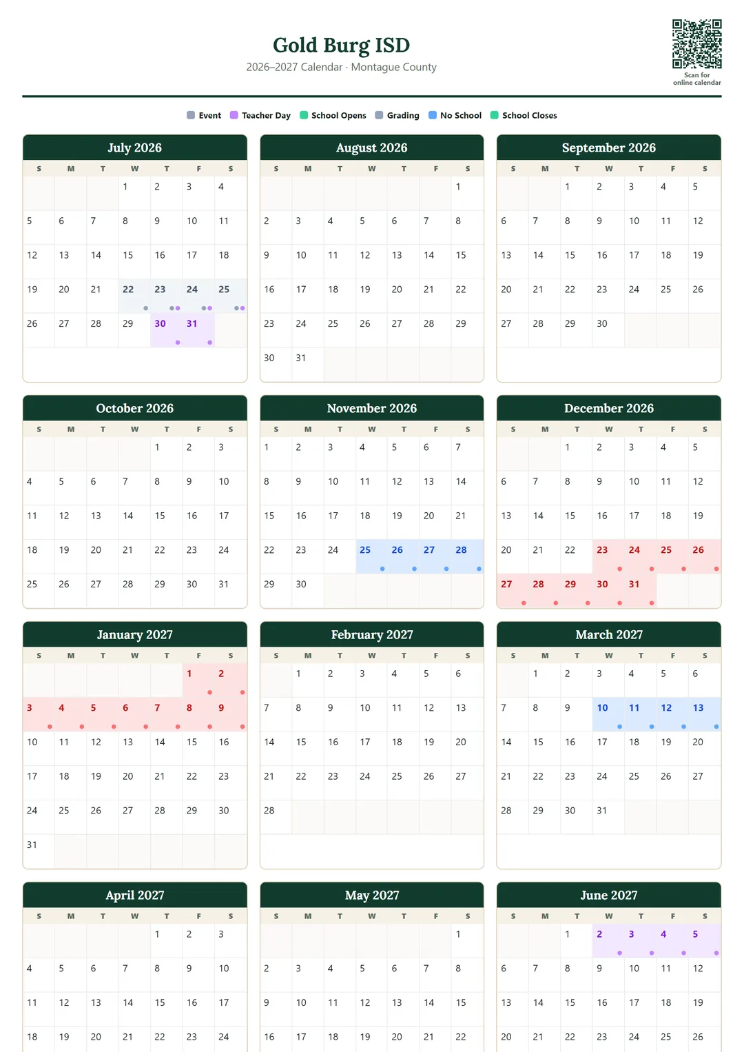 Gold Burg ISD printable 2026–2027 calendar