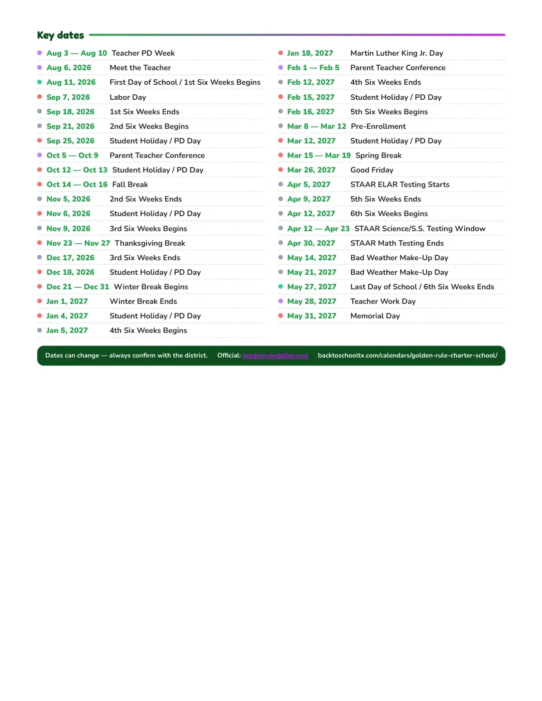 Golden Rule Charter School Calendar for the Year 26-27 — key dates