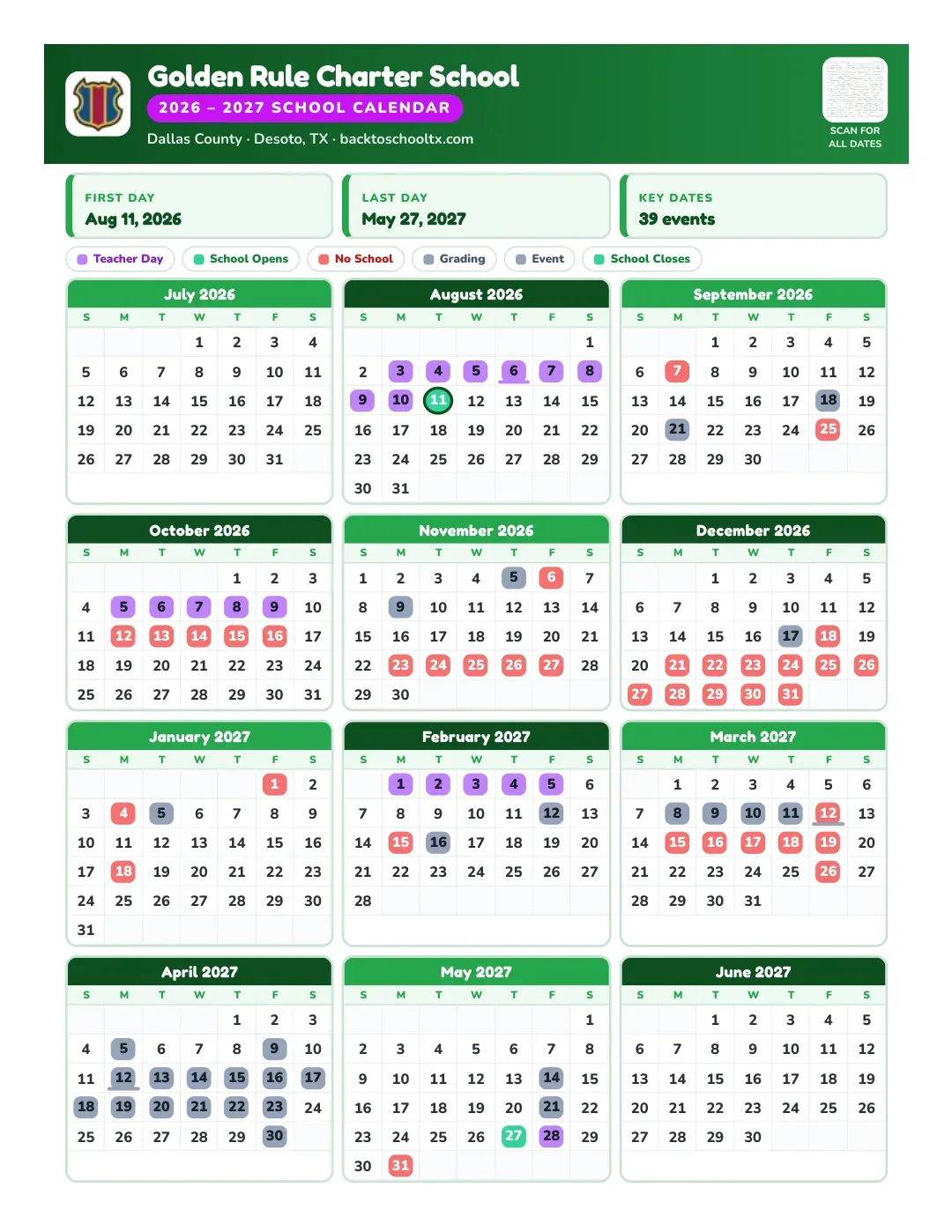 Golden Rule Charter School Calendar for the Year 26-27