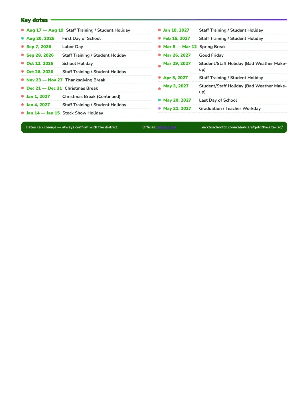 Goldthwaite ISD Calendar for the Year 26-27 — key dates