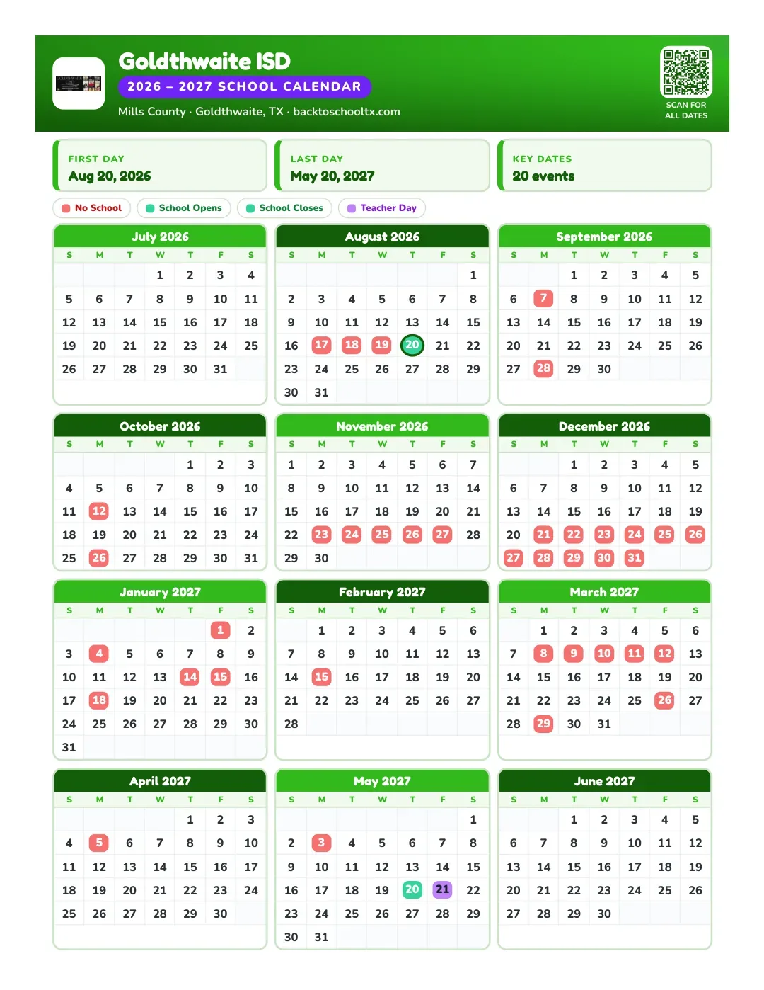 Goldthwaite ISD Calendar for the Year 26-27