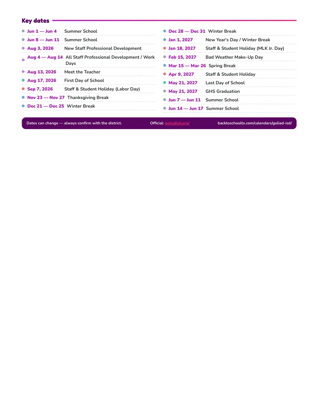Goliad ISD Calendar for the Year 26-27 — key dates