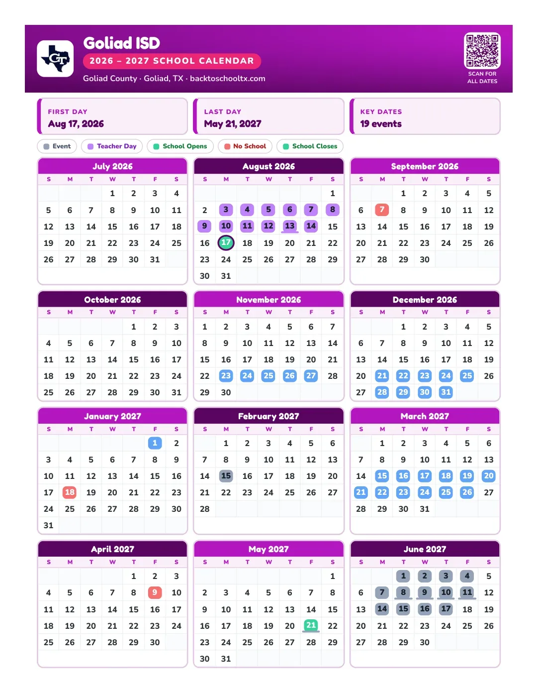 Goliad ISD Calendar for the Year 26-27
