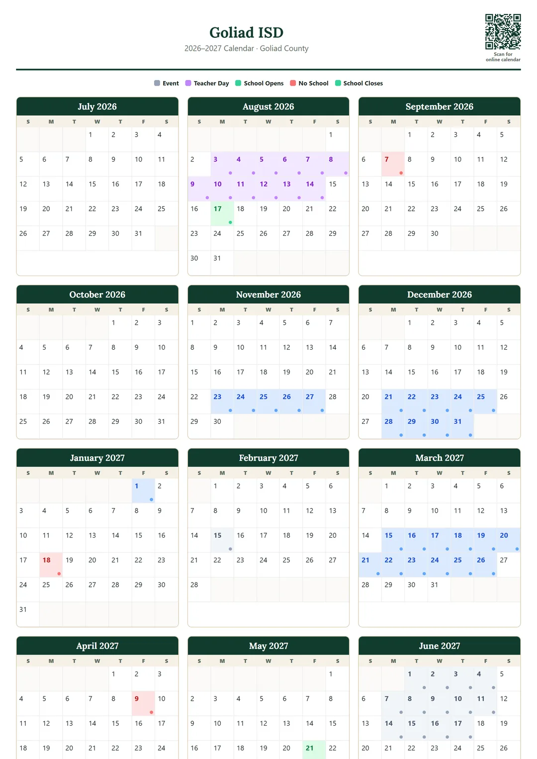 Goliad ISD printable 2026–2027 calendar