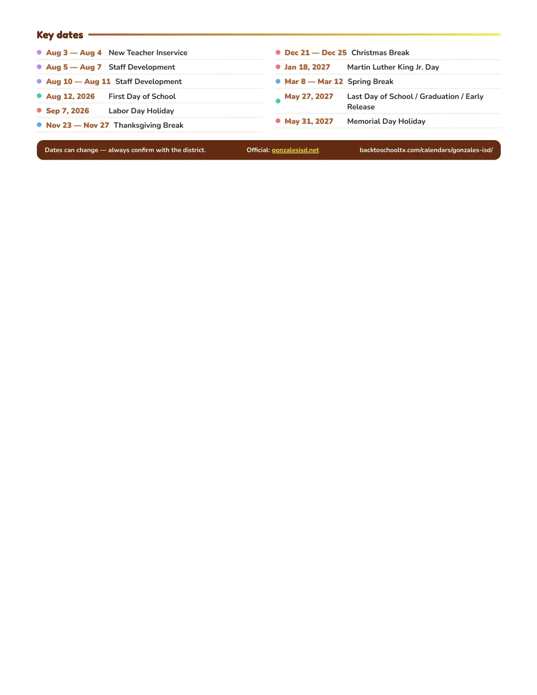 Gonzales ISD Calendar for the Year 26-27 — key dates
