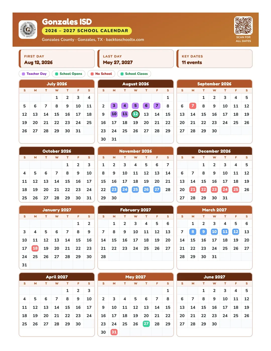 Gonzales ISD Calendar for the Year 26-27