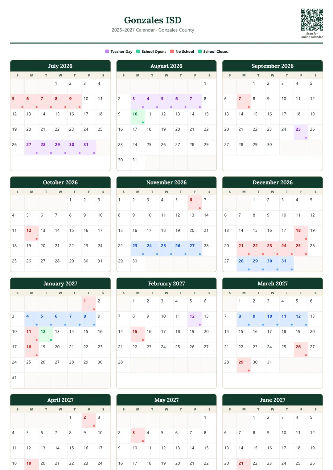 Gonzales ISD printable 2026–2027 calendar