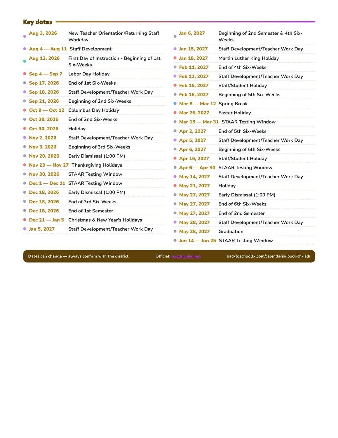 Goodrich ISD Calendar for the Year 26-27 — key dates