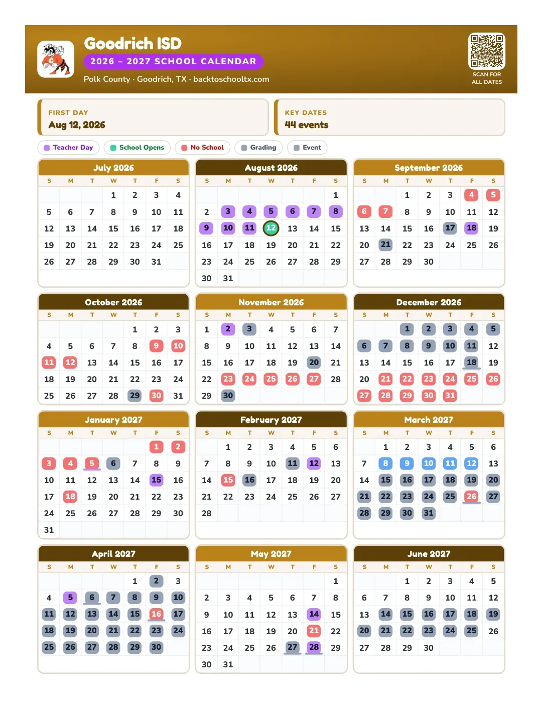 Goodrich ISD Calendar for the Year 26-27