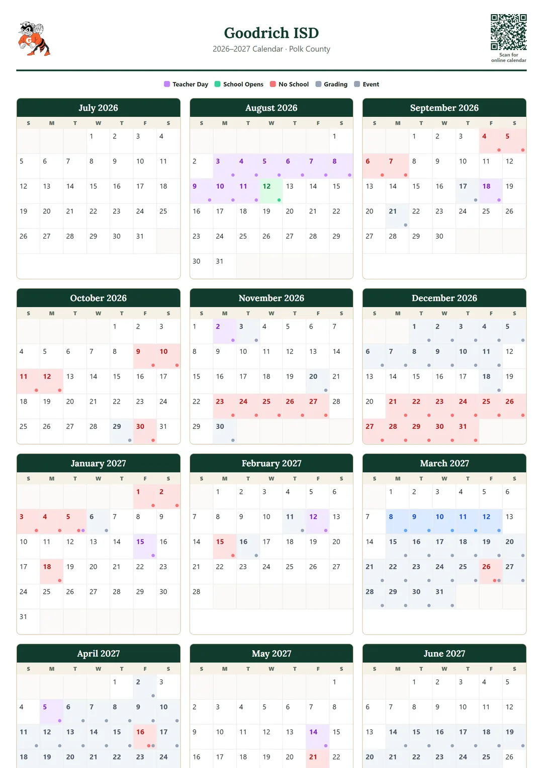 Goodrich ISD printable 2026–2027 calendar