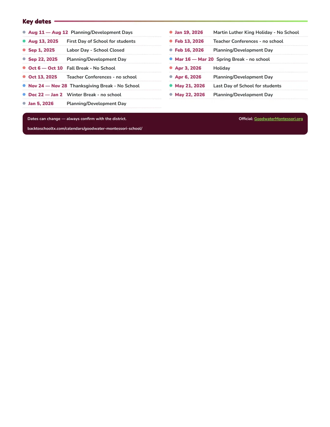 Goodwater Montessori School Calendar for the Year 26-27 — key dates