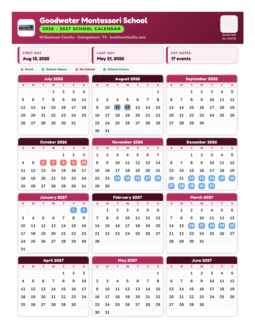Goodwater Montessori School Calendar for the Year 26-27