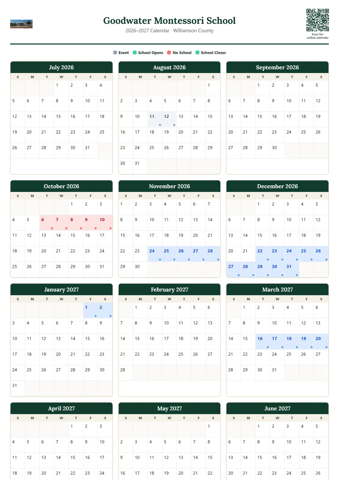 Goodwater Montessori School printable 2026–2027 calendar