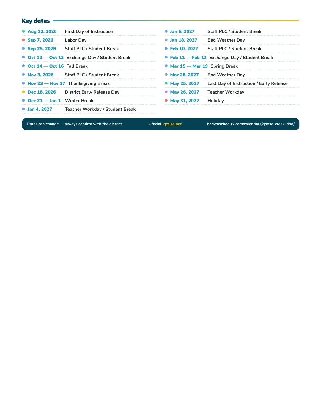 Goose Creek CISD Calendar for the Year 26-27 — key dates