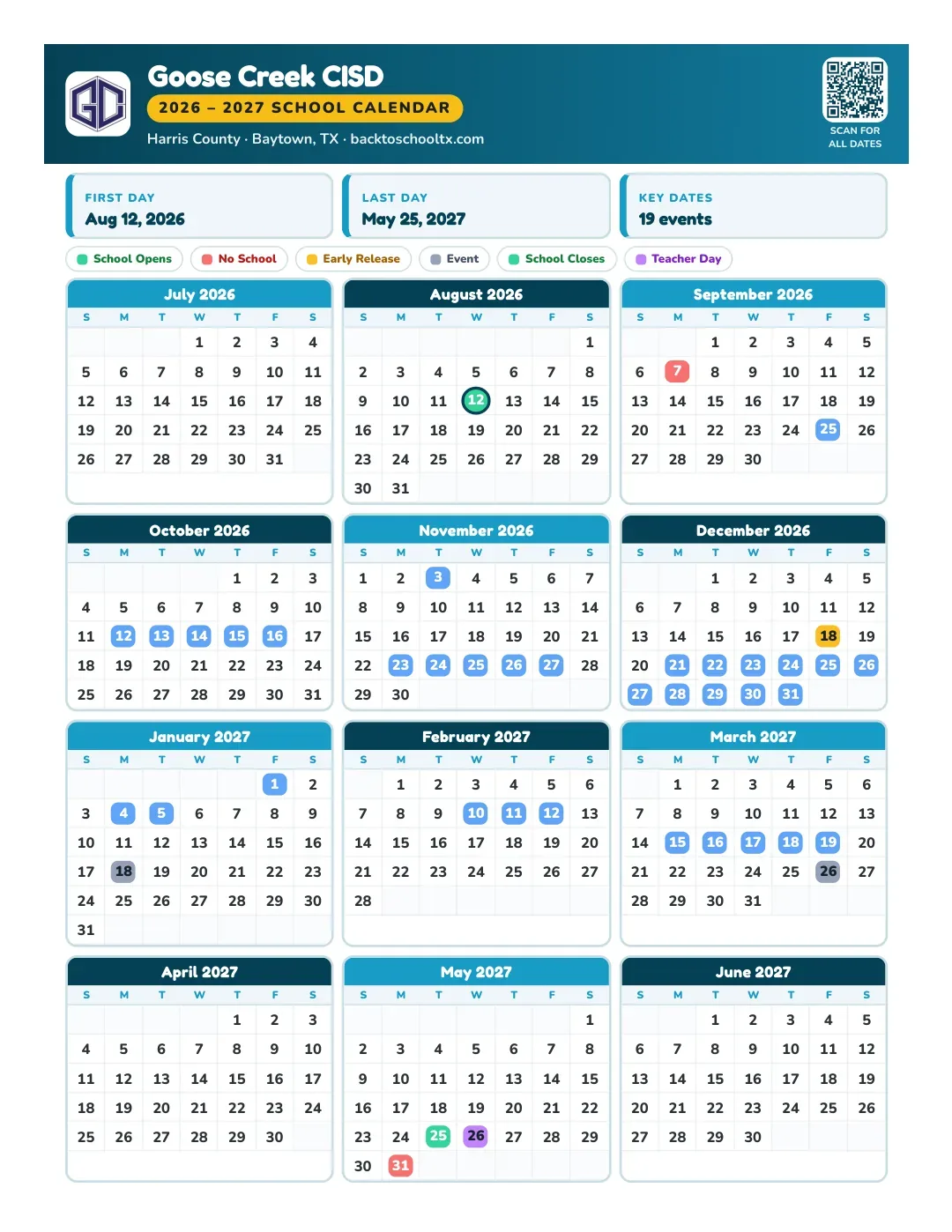 Goose Creek CISD Calendar for the Year 26-27