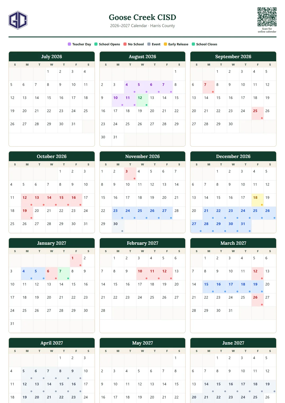 Goose Creek CISD printable 2026–2027 calendar