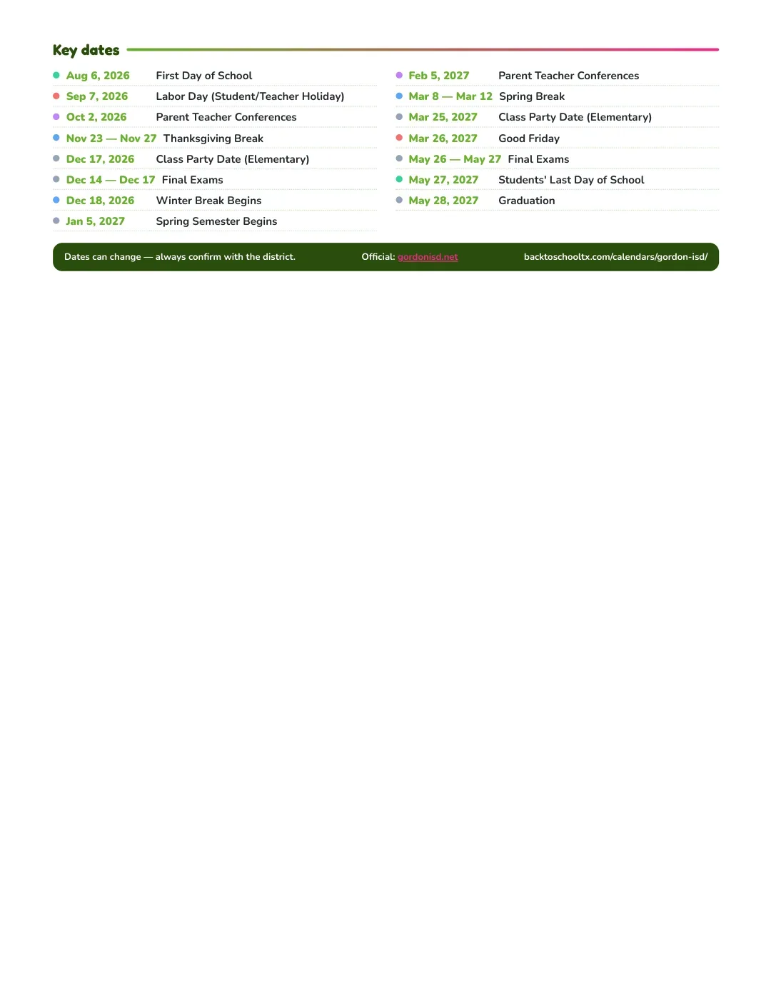 Gordon ISD Calendar for the Year 26-27 — key dates