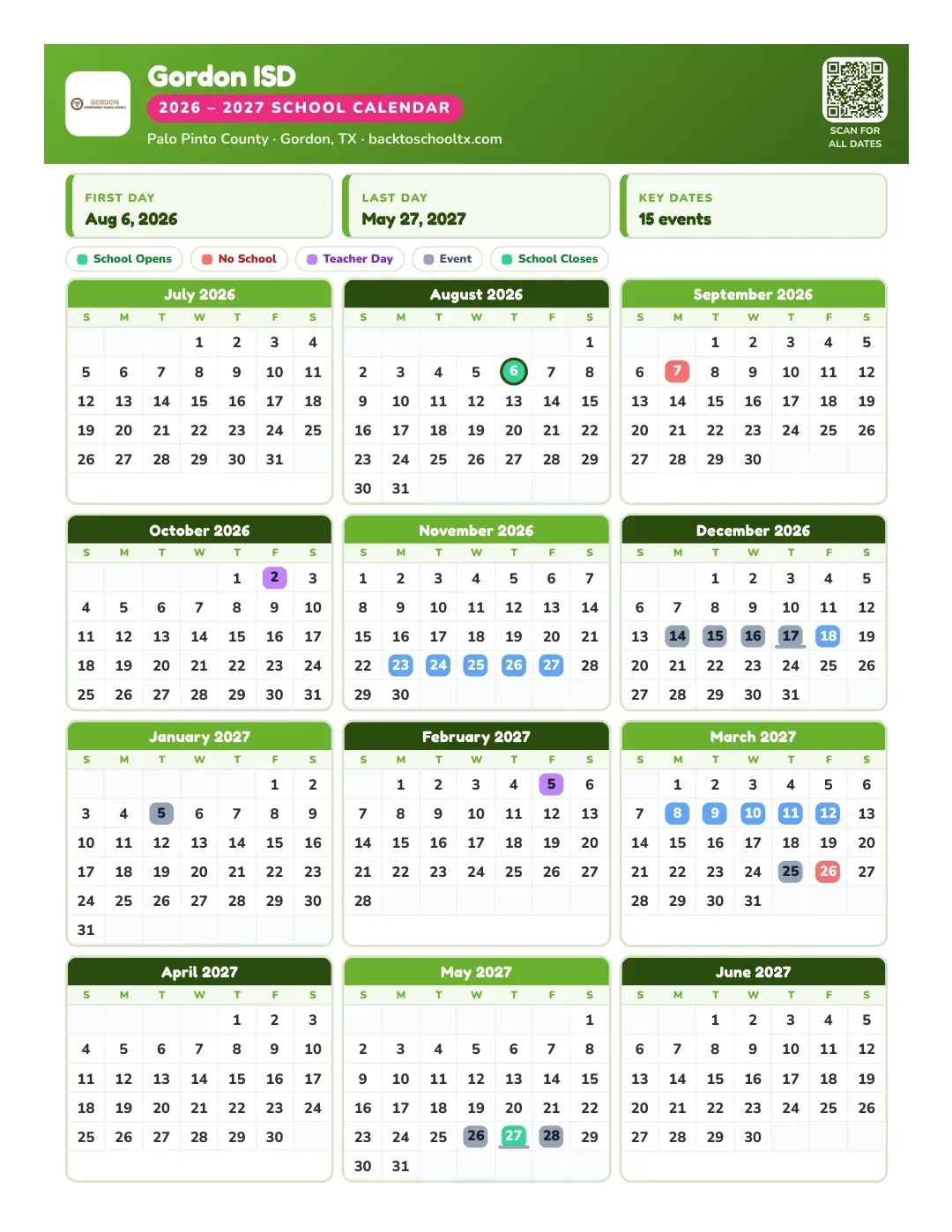 Gordon ISD Calendar for the Year 26-27