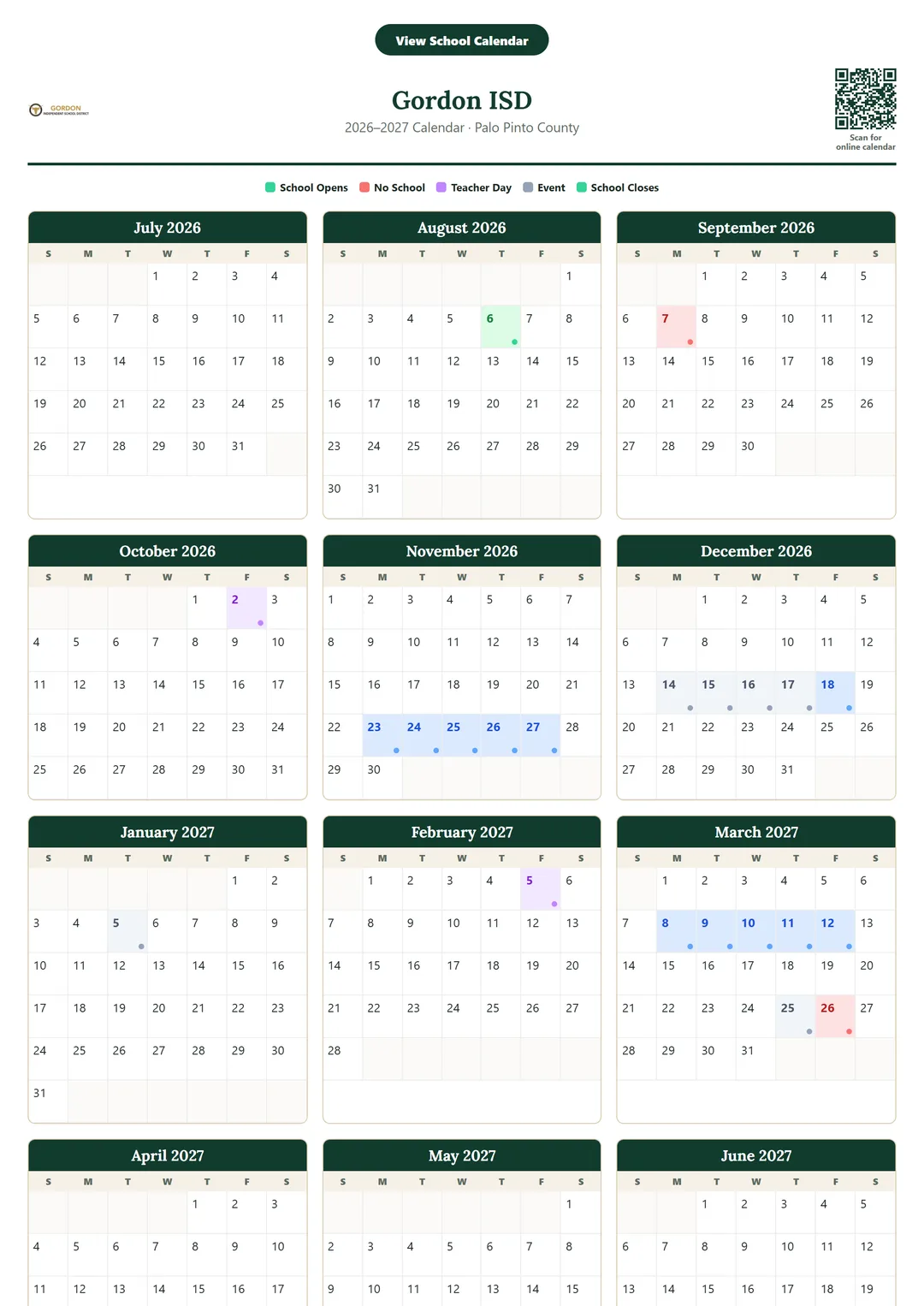 Gordon ISD printable 2026–2027 calendar