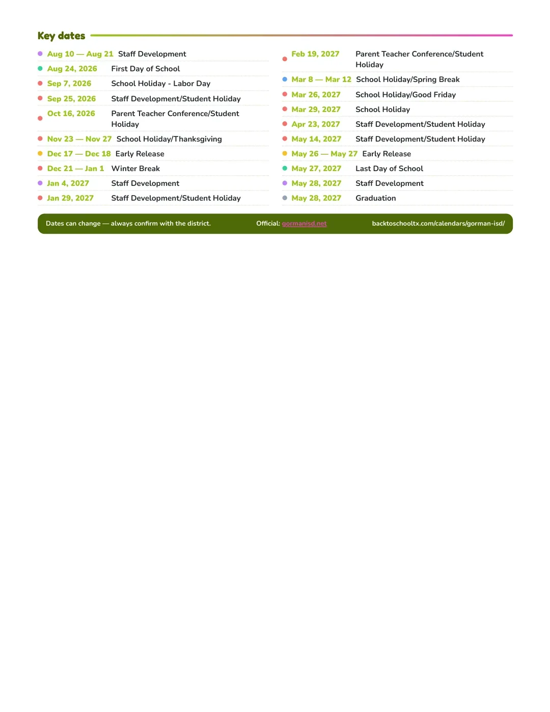 Gorman ISD Calendar for the Year 26-27 — key dates