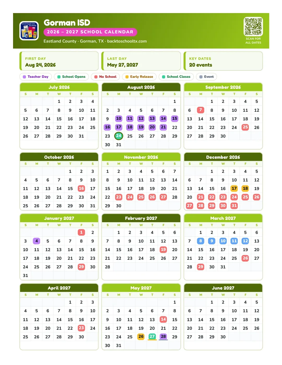 Gorman ISD Calendar for the Year 26-27