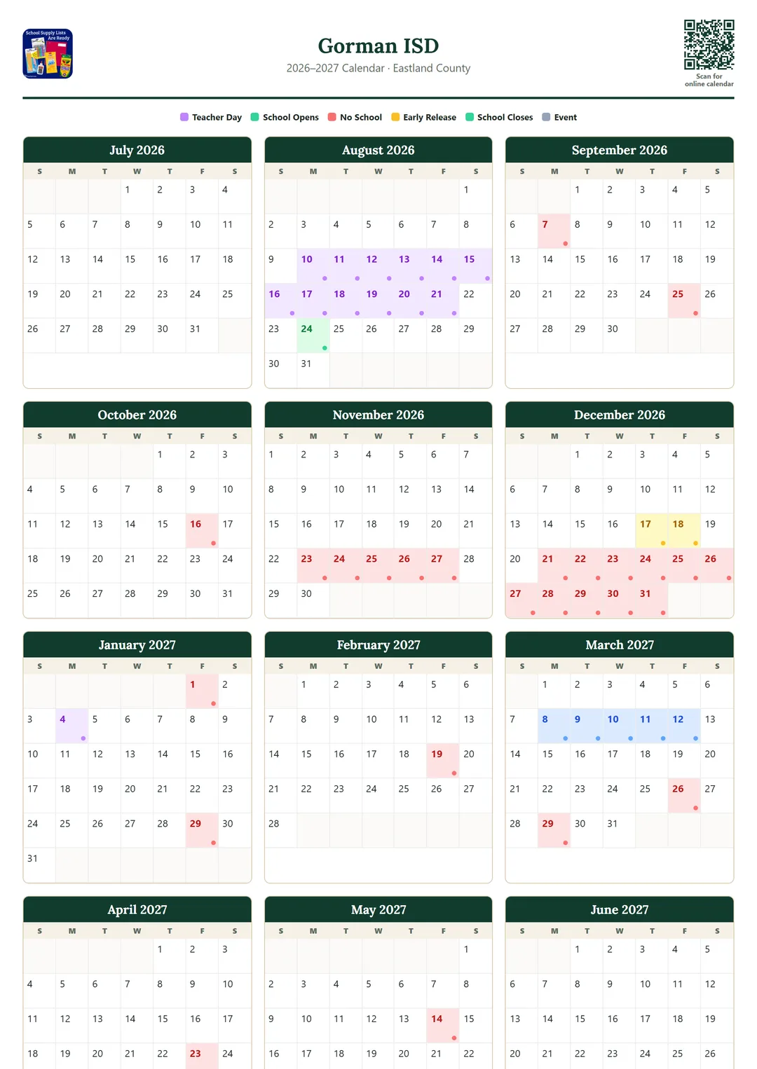 Gorman ISD printable 2026–2027 calendar