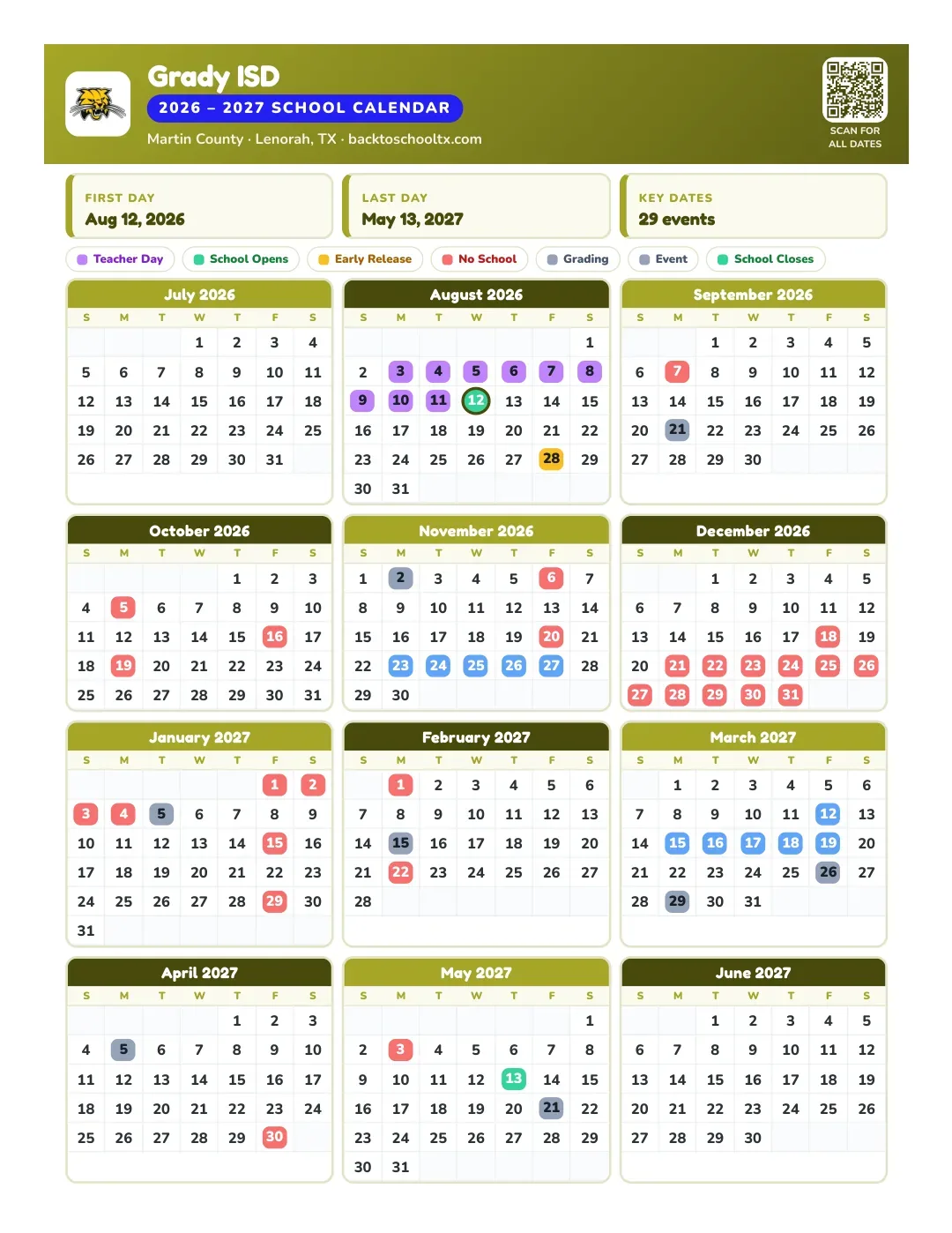 Grady ISD Calendar for the Year 26-27