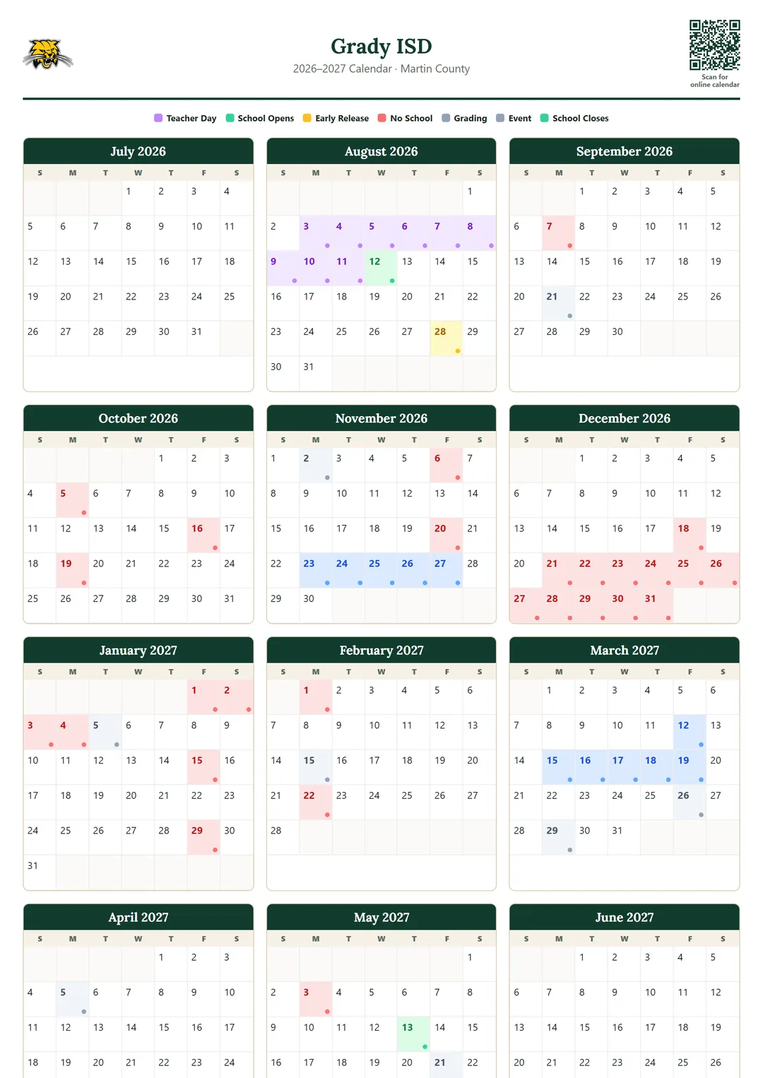 Grady ISD printable 2026–2027 calendar