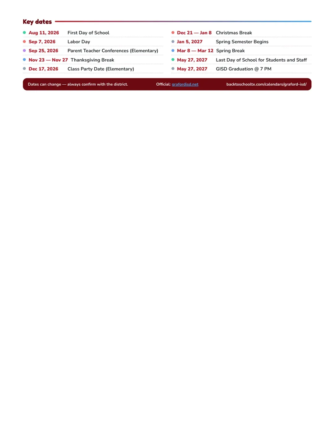 Graford ISD Calendar for the Year 26-27 — key dates
