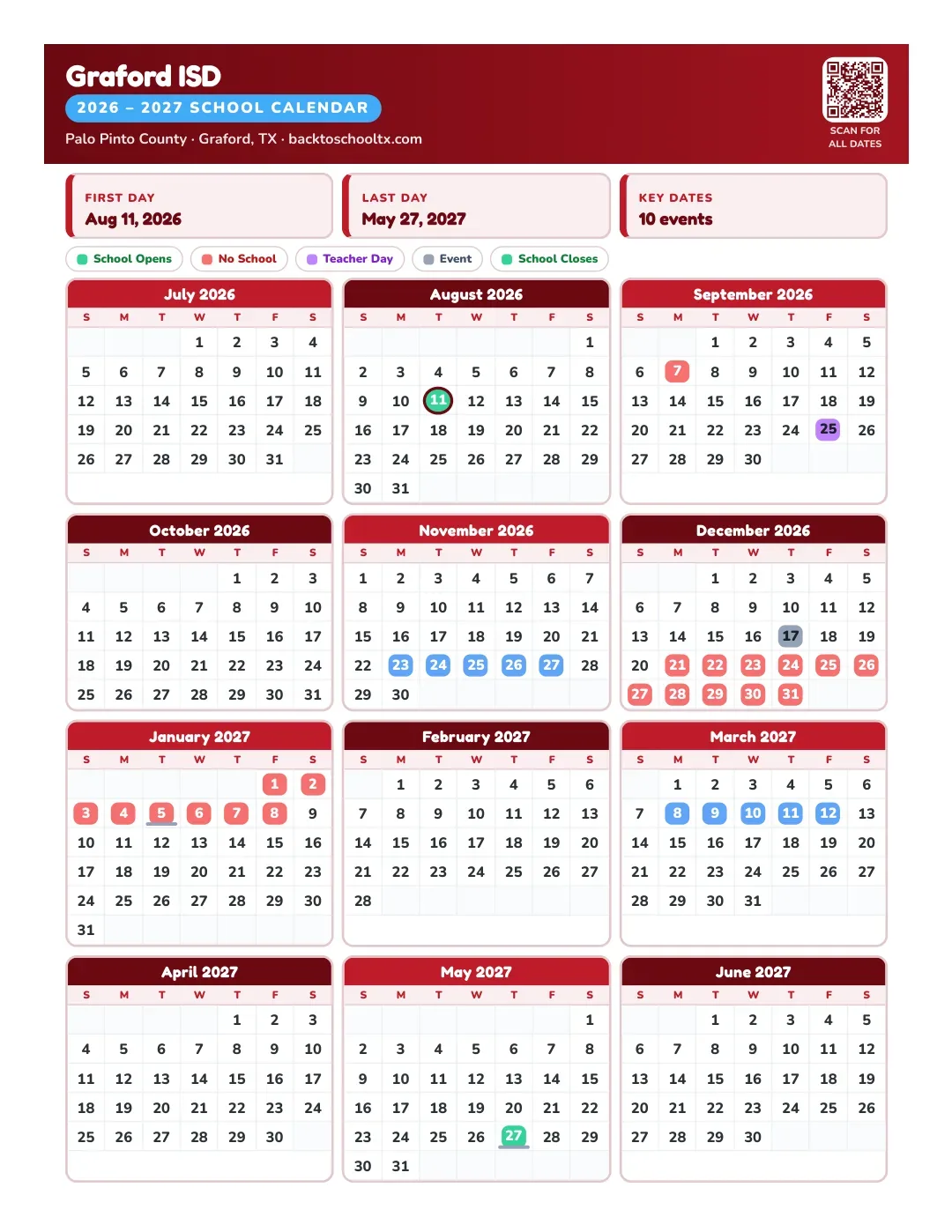 Graford ISD Calendar for the Year 26-27