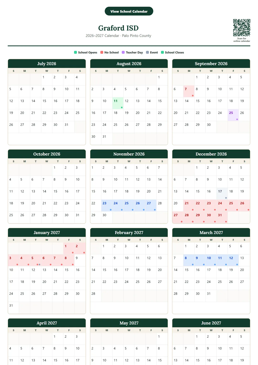 Graford ISD printable 2026–2027 calendar