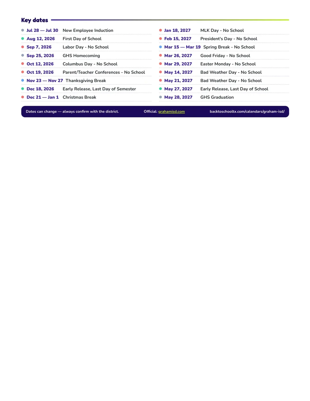 Graham ISD Calendar for the Year 26-27 — key dates