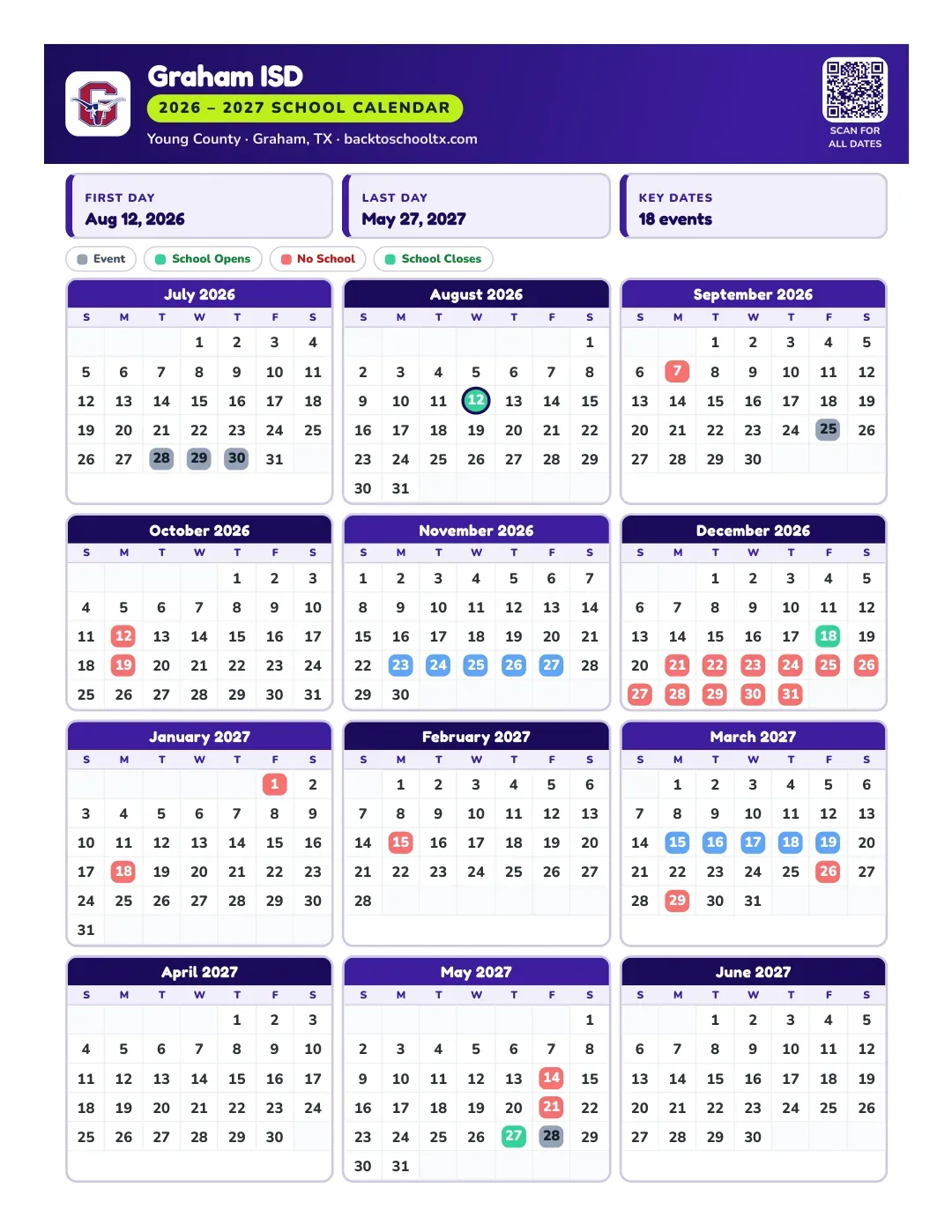 Graham ISD Calendar for the Year 26-27
